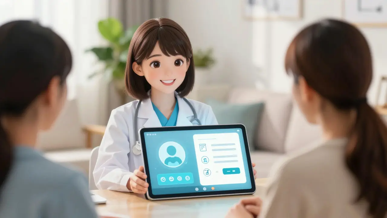Consultation télémédecine souriante sur tablette numérique