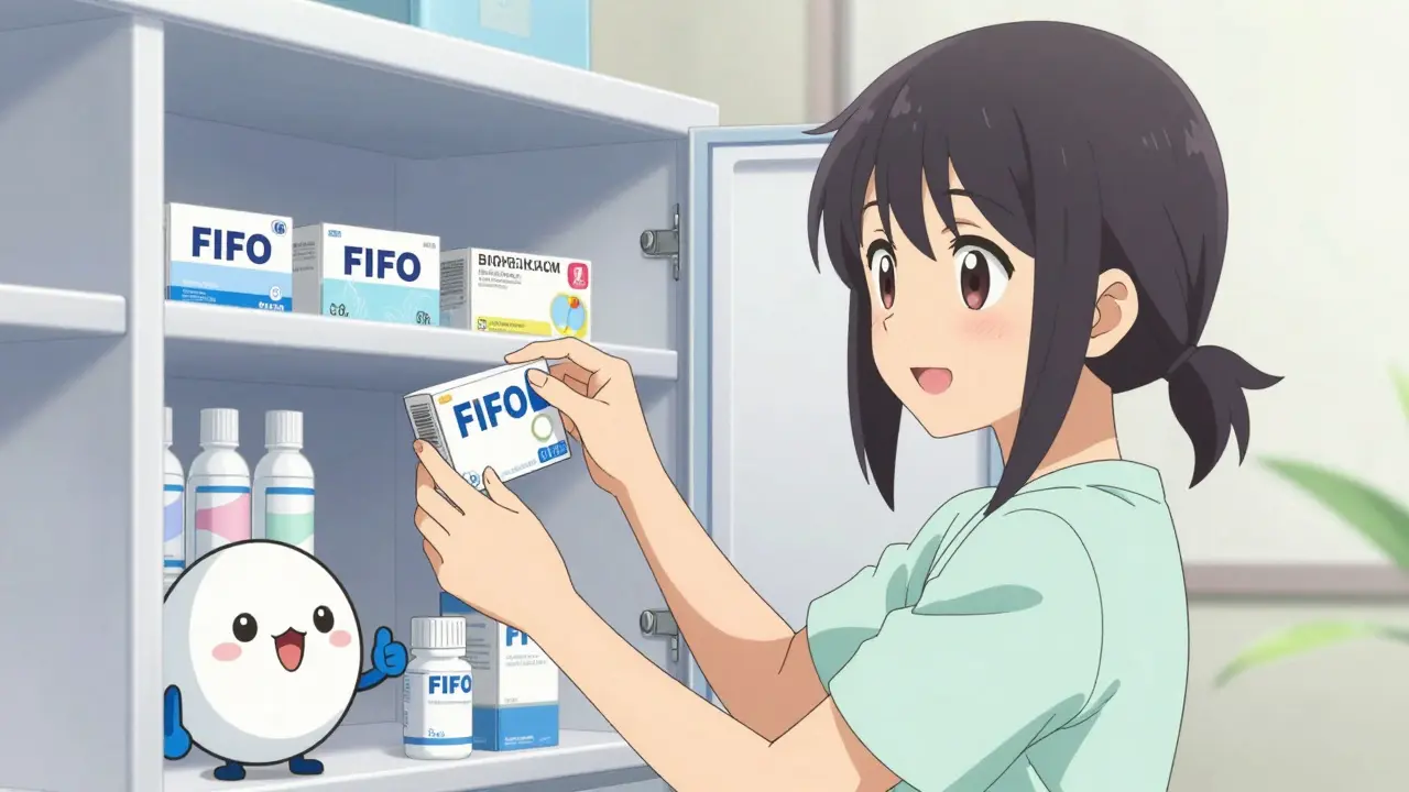 Fille anime organisant son armoire à pharmacie avec la méthode FIFO souriante