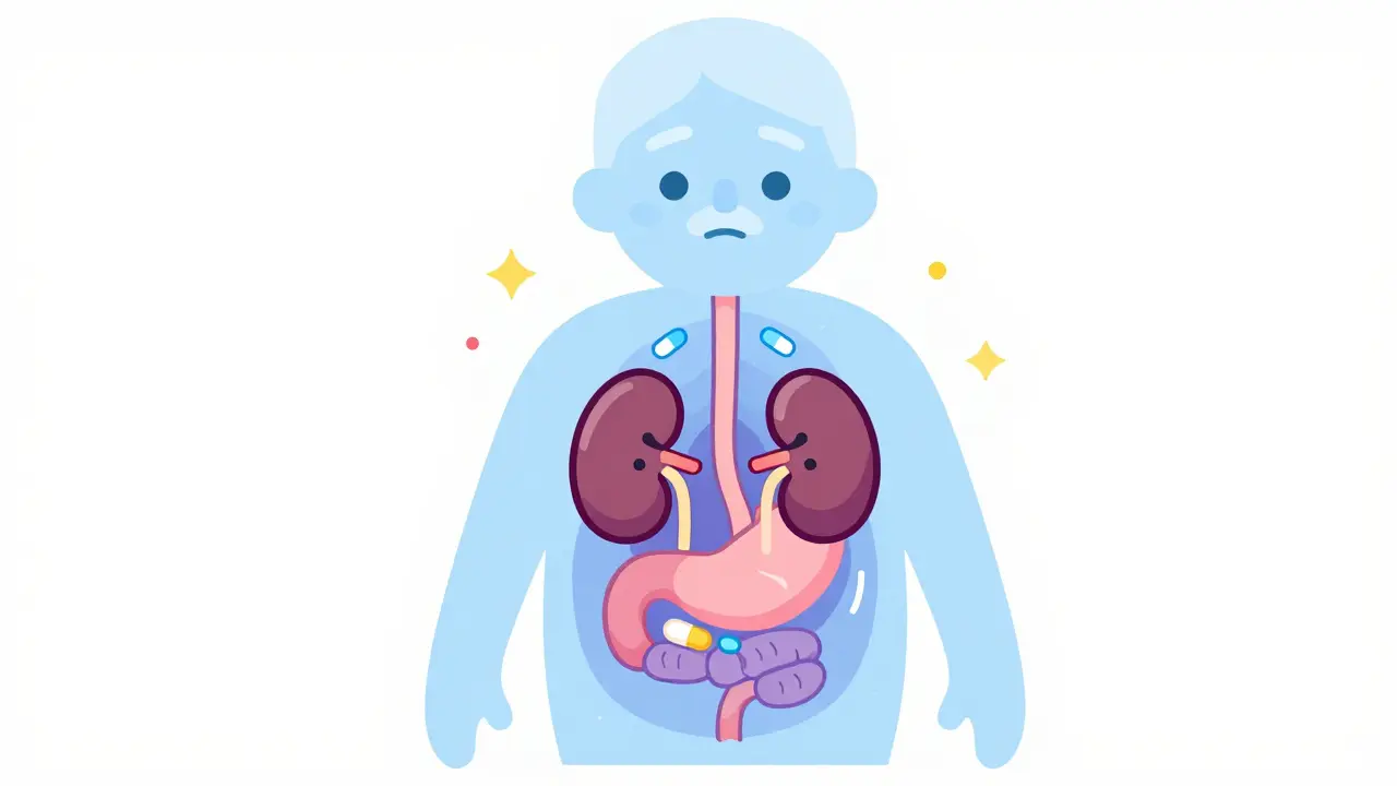 Illustration kawaii montrant les reins et l'estomac ralentis d'une personne âgée avec des pilules.