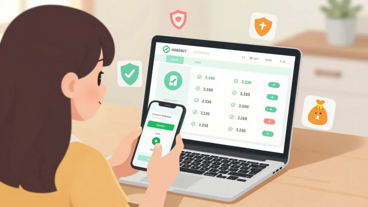 Jeune fille souriante comparant les prix en ligne en toute sécurité