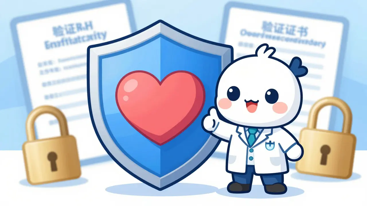 Mascotte pharmacien devant un bouclier de sécurité et un cœur