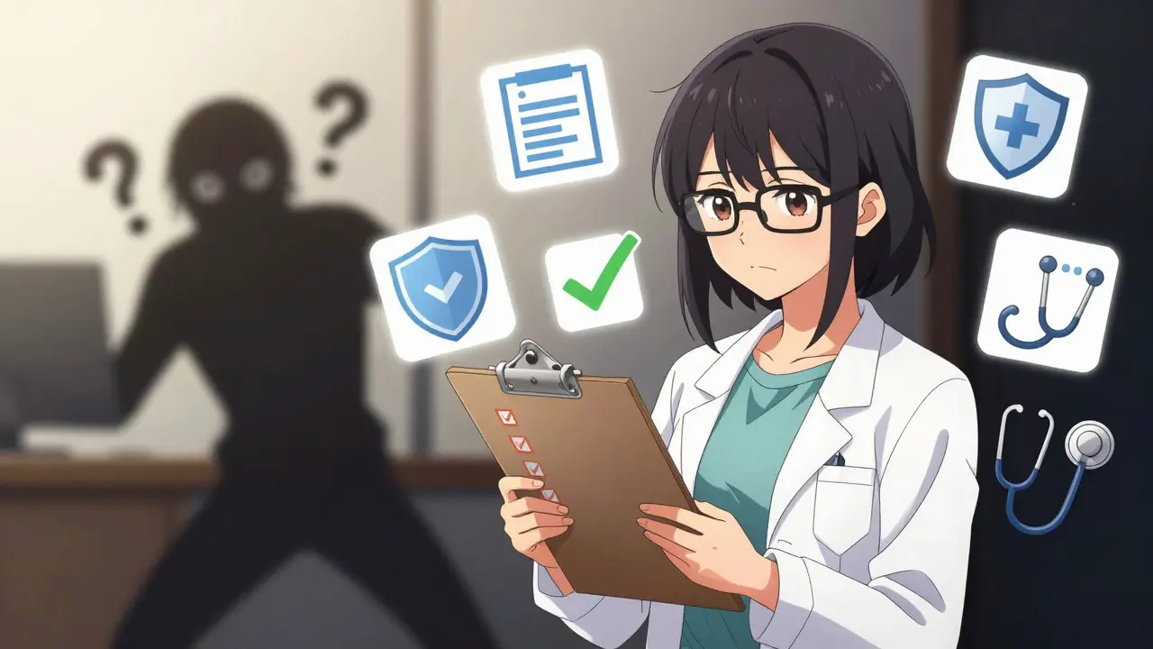 Personnage anime vérifiant la sécurité d'une pharmacie en ligne