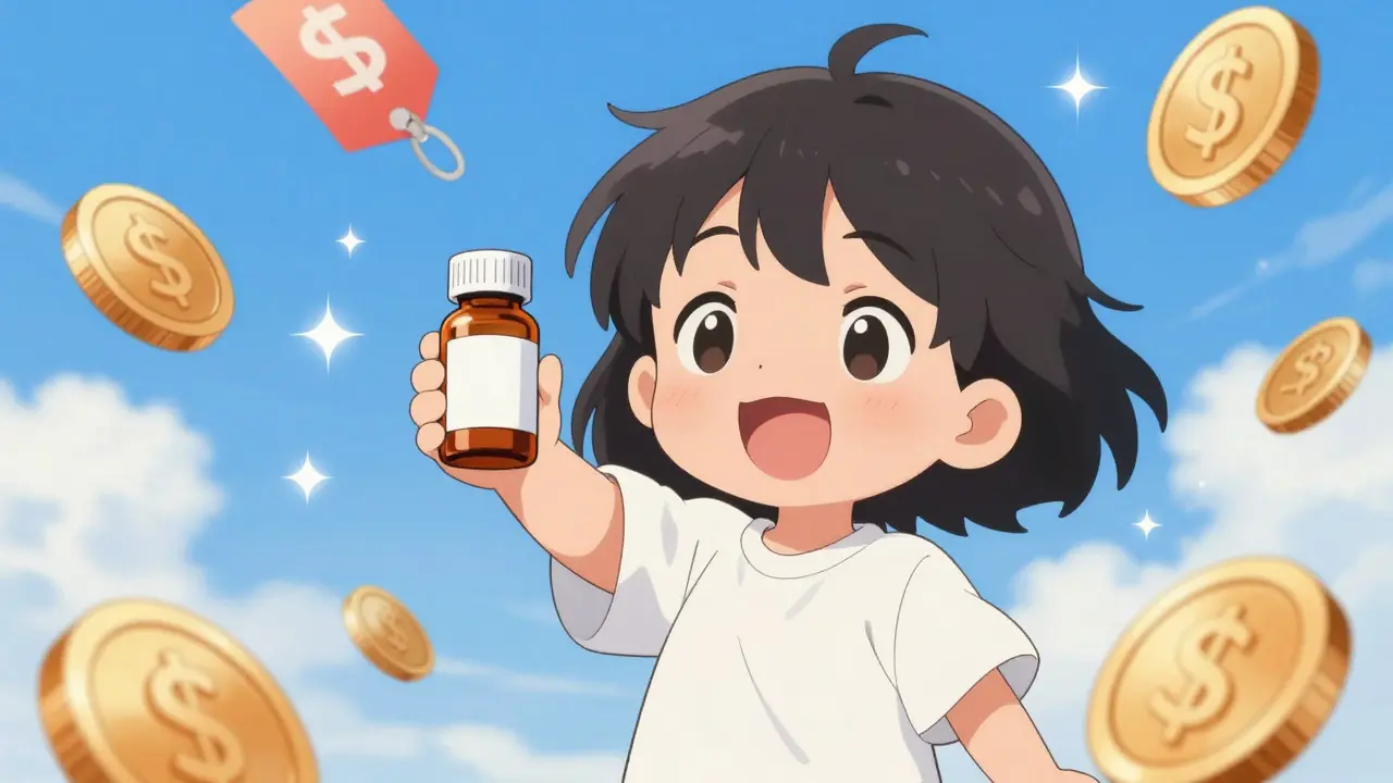 Personnage heureux avec médicament générique et économies