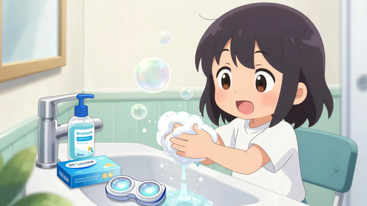 Personnage lavant ses mains pour l'hygiène des lentilles