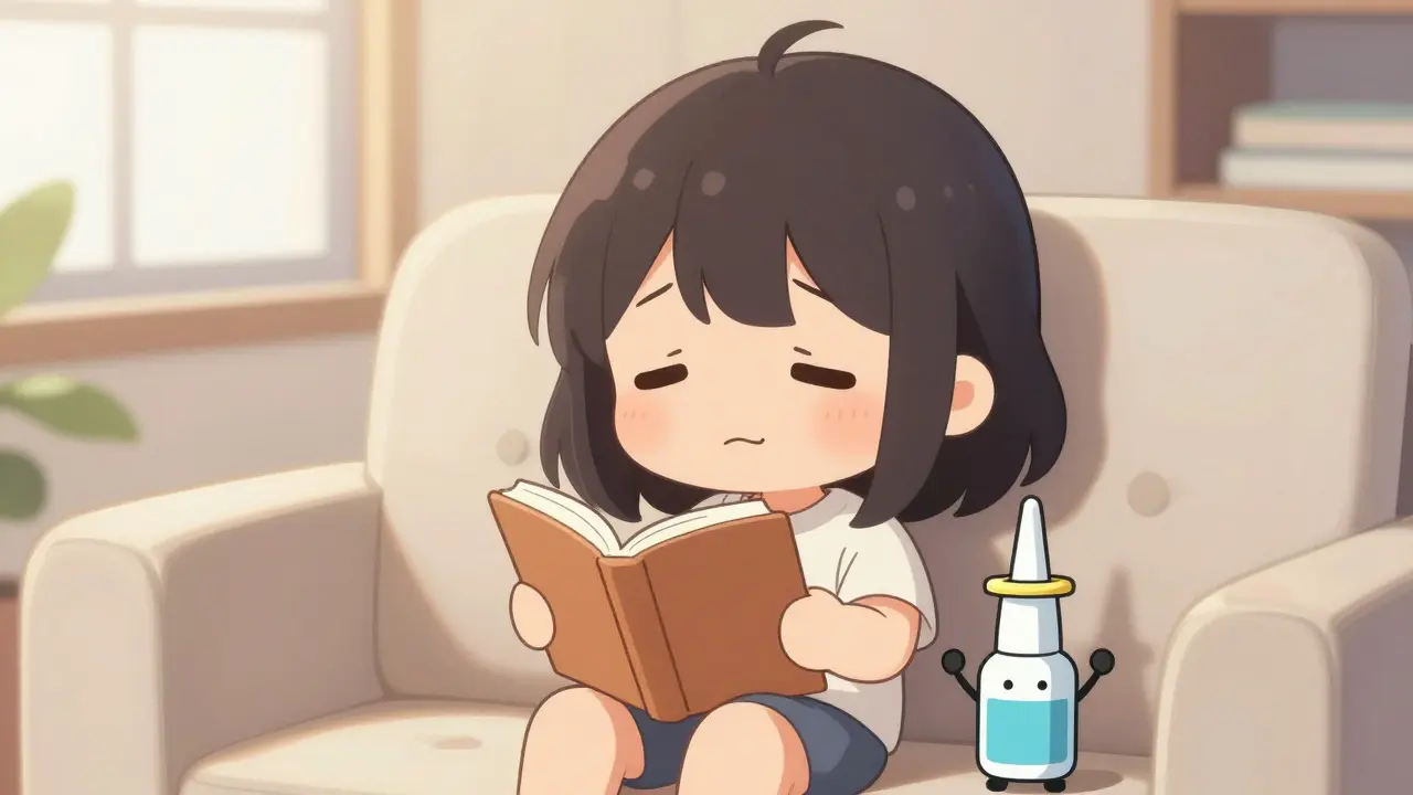Personnage mœe serein sur un canapé avec un petit spray nasal ami