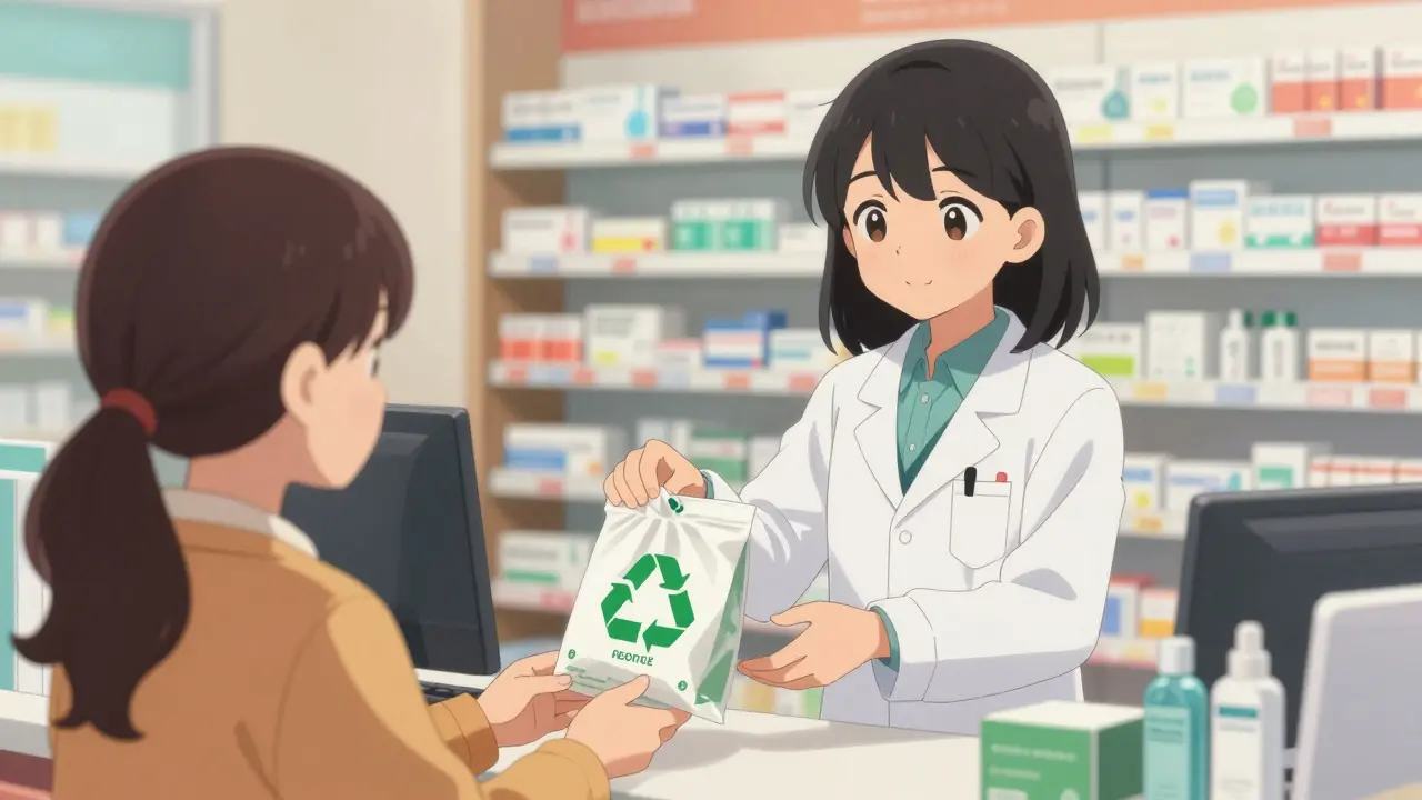 Pharmacien gentil aidant un client à recycler ses médicaments usagés
