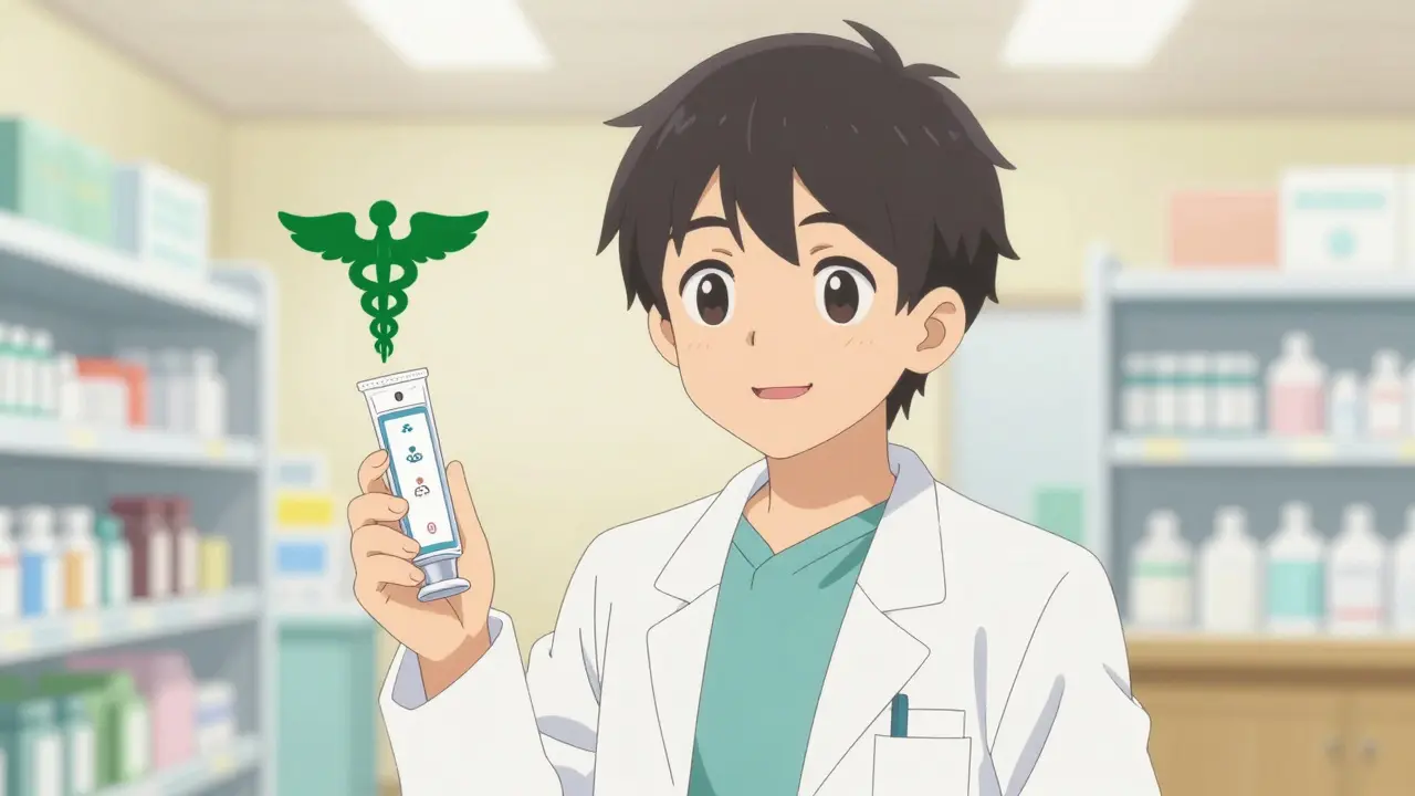 Pharmacien mignon et rassurant avec symbole de pharmacie certifiée