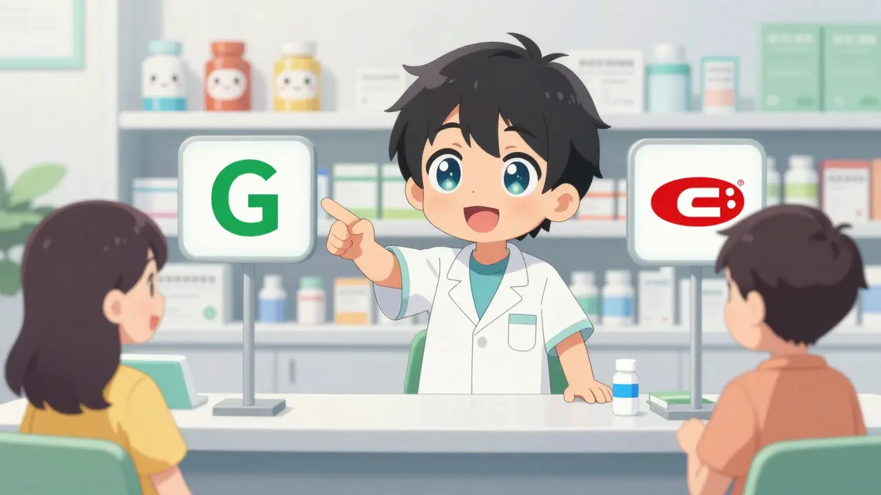 Pharmacien mignon expliquant les génériques vs marques dans un style anime