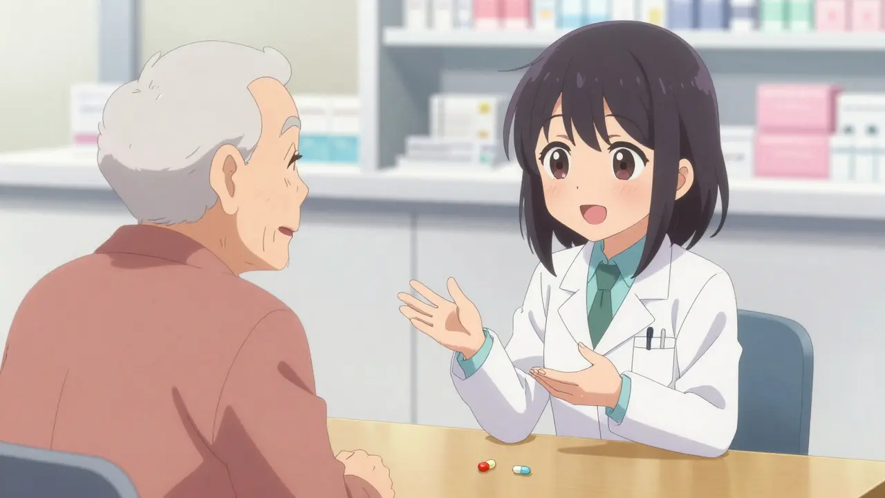 Pharmacien souriant expliquant gentiment la différence entre deux pilules à une senior heureuse.