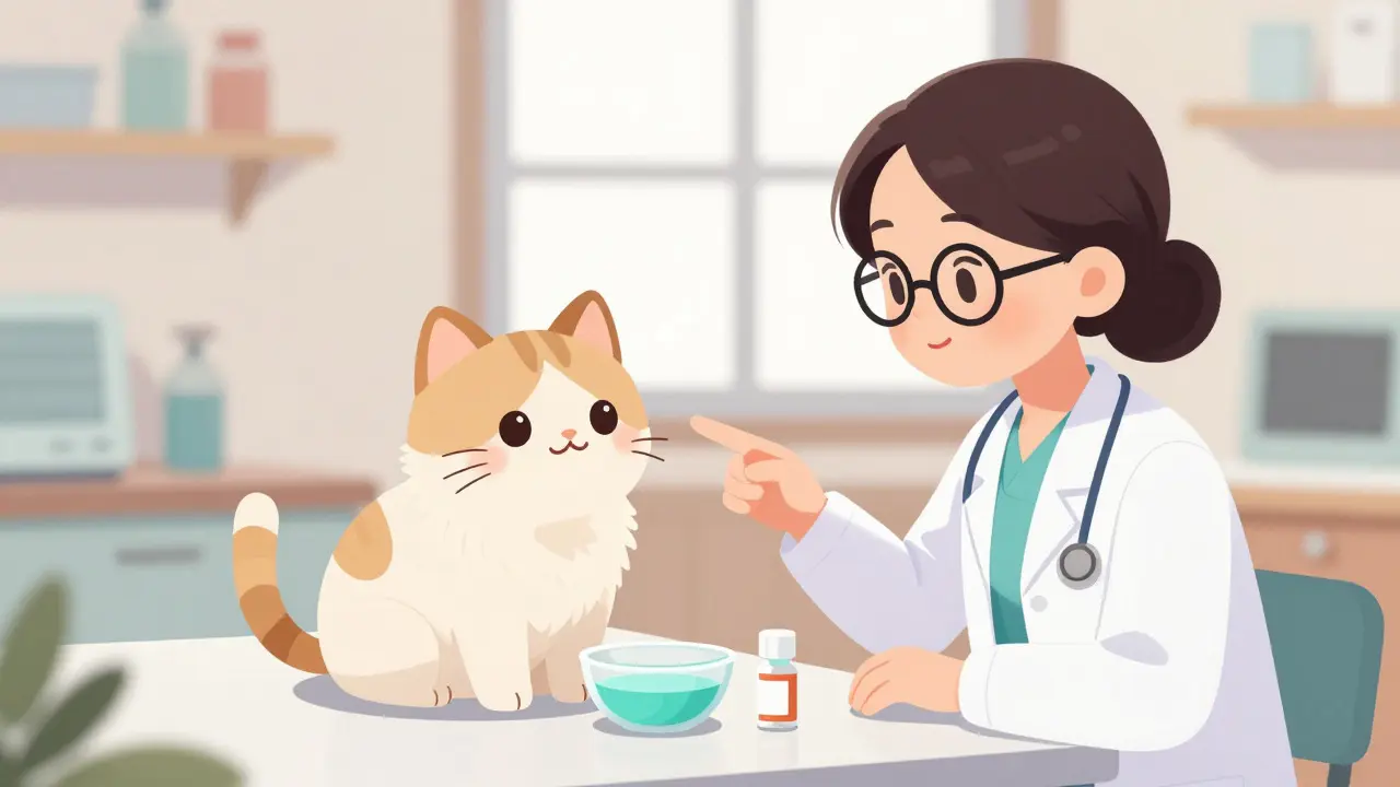Chat mignon et vétératrice en style anime près d'un bol de médicament liquide