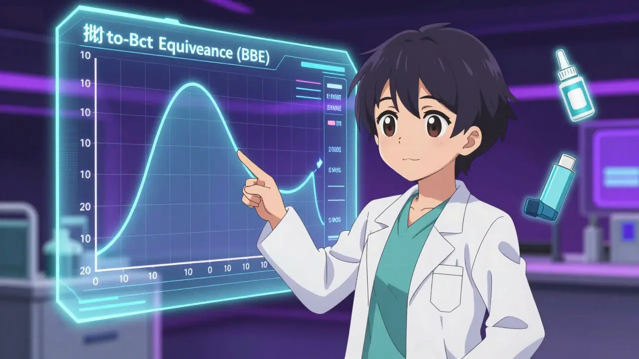 Chercheur anime pointant un graphique dynamique de bioéquivalence inter-lots