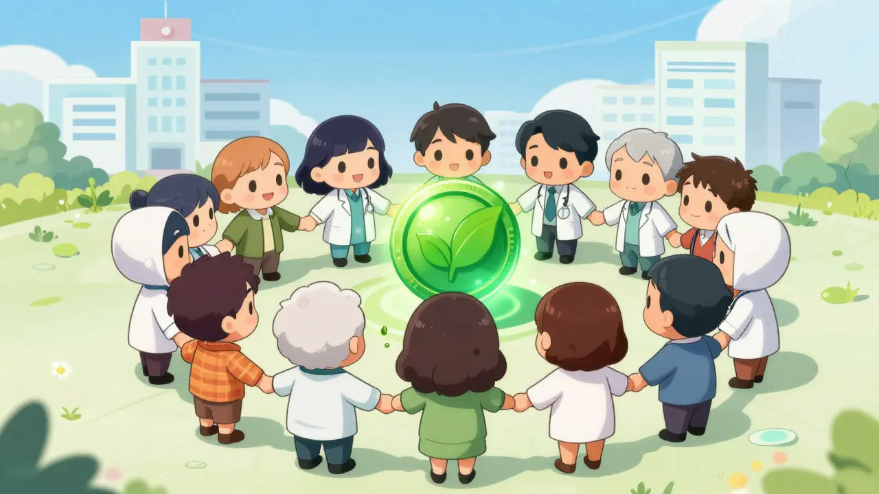 Groupe de personnages animés symbolisant les avantages économiques et sociaux des biosimilaires
