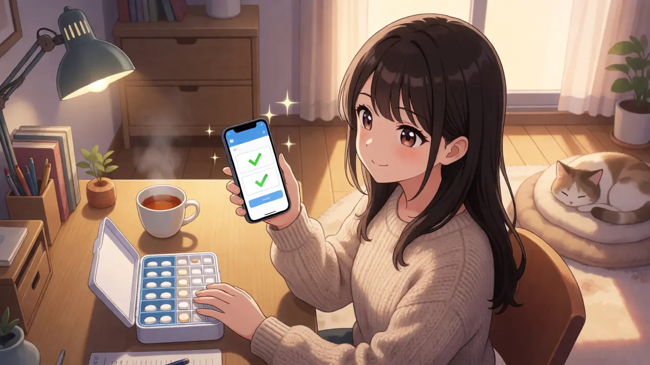 Jeune femme soulagée avec pilulier et téléphone à la maison