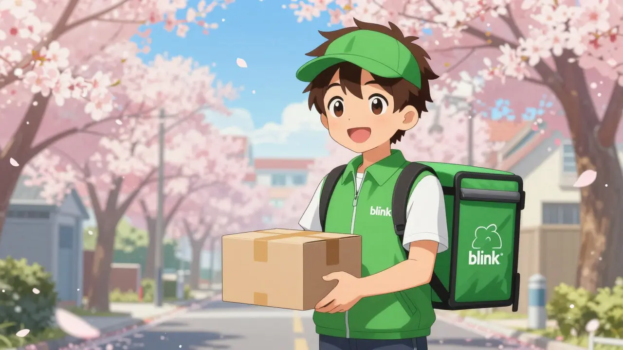 Livreur souriant en style manga livrant un colis sous des cerisiers en fleurs