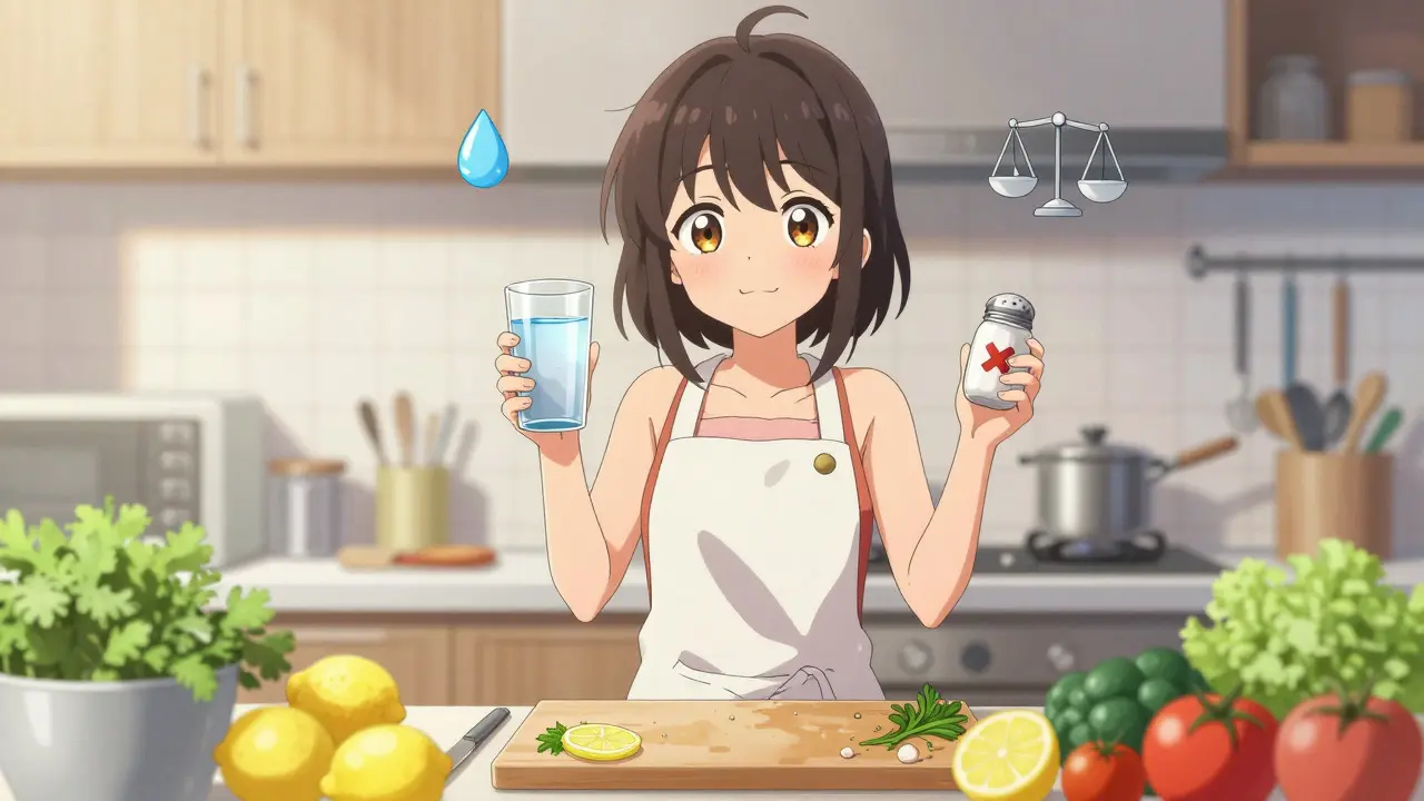 Personnage dans une cuisine tenant un verre d'eau et refusant le sel