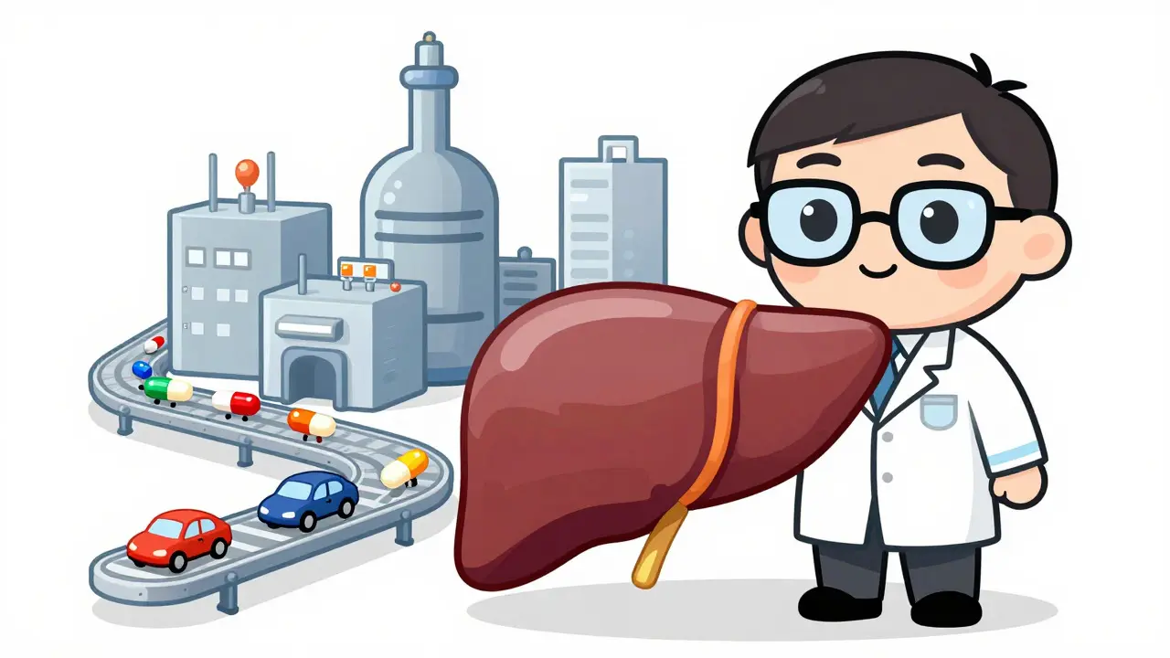 Pharmacien anime expliquant le métabolisme hépatique avec des enzymes