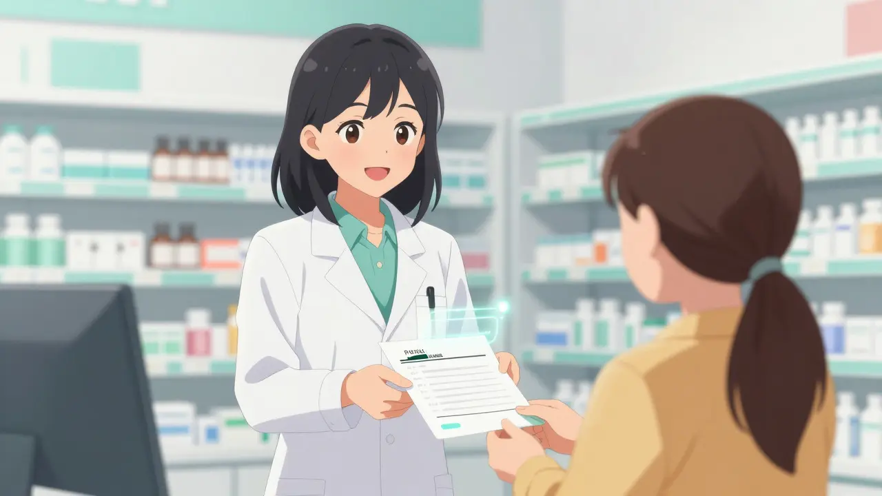 Pharmacienne souriante remettant une ordonnance numérique