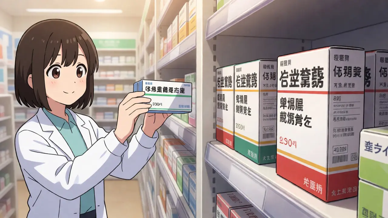 Un pharmacien anime placeant une boîte sur une étagère encombrée par des concurrents.
