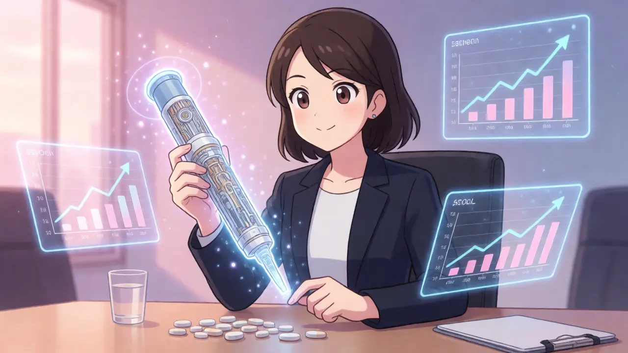 Une femme d'affaires anime analysant un dispositif médical complexe avec des graphiques flottants.